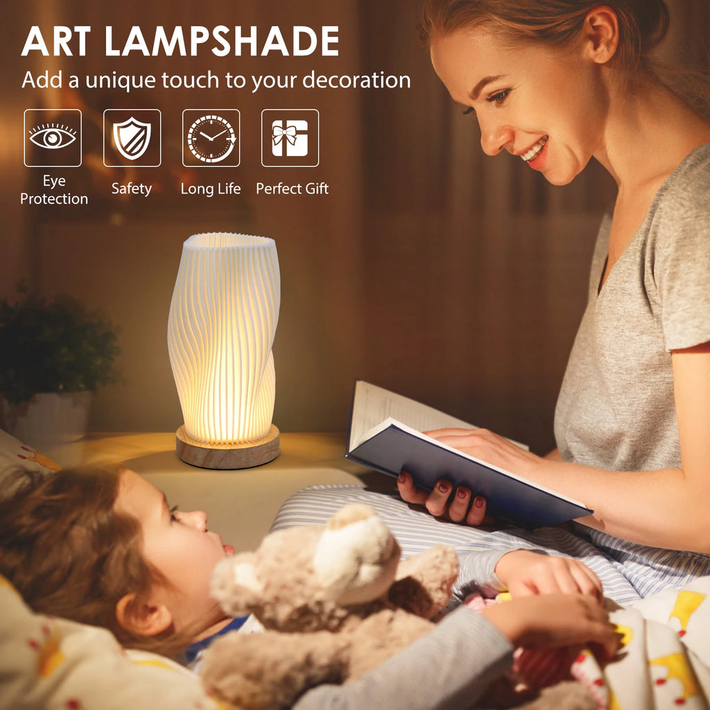 Boho Wood Bedside Table Lamp- Warm Light.