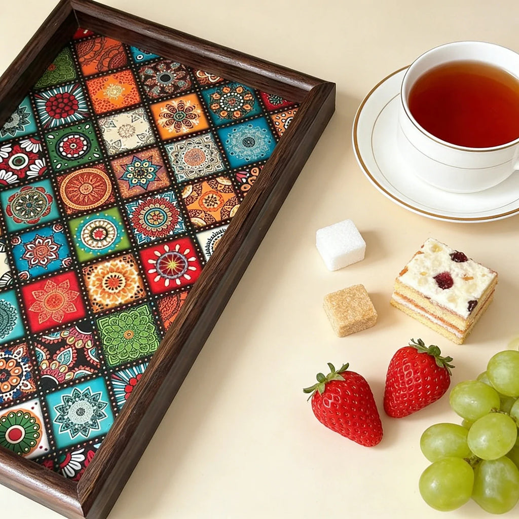 Casa Bella Decorative Wooden Tray- Boho Coffee Table tray