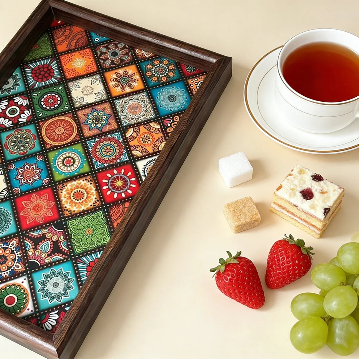 Casa Bella Decorative Wooden Tray- Boho Coffee Table tray