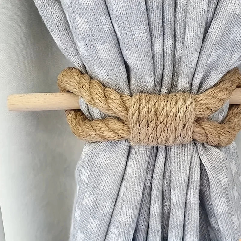 2 pcs Wooden Curtain Tiebacks- Boho Rope Holdbacks