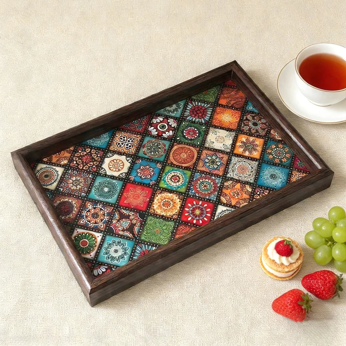 Casa Bella Decorative Wooden Tray- Boho Coffee Table tray