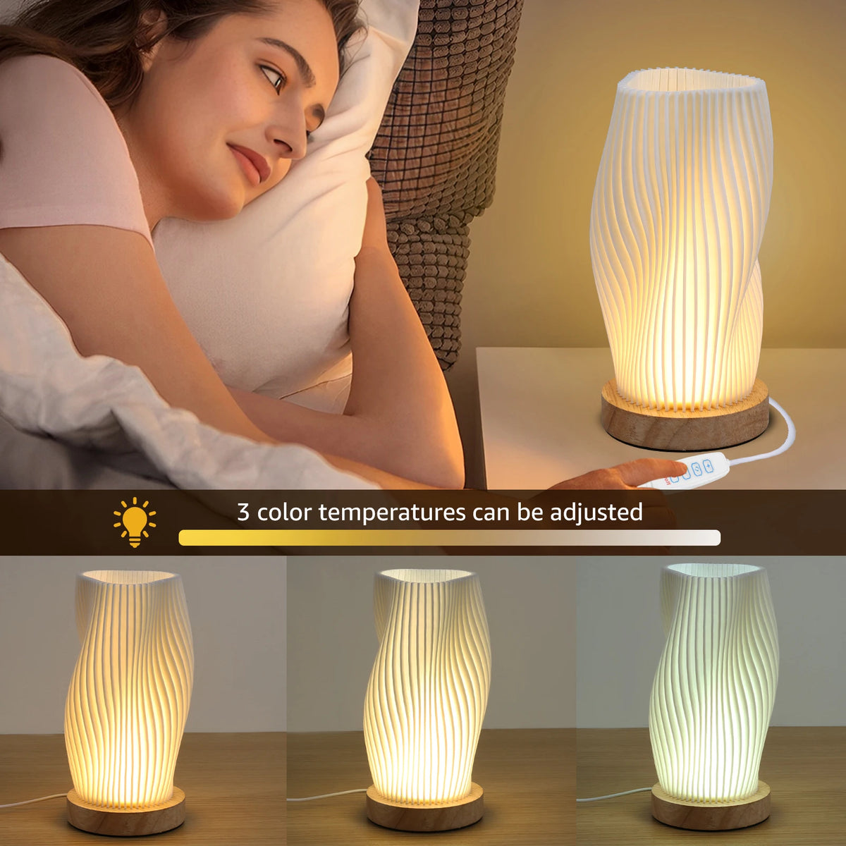 Boho Wood Bedside Table Lamp- Warm Light.