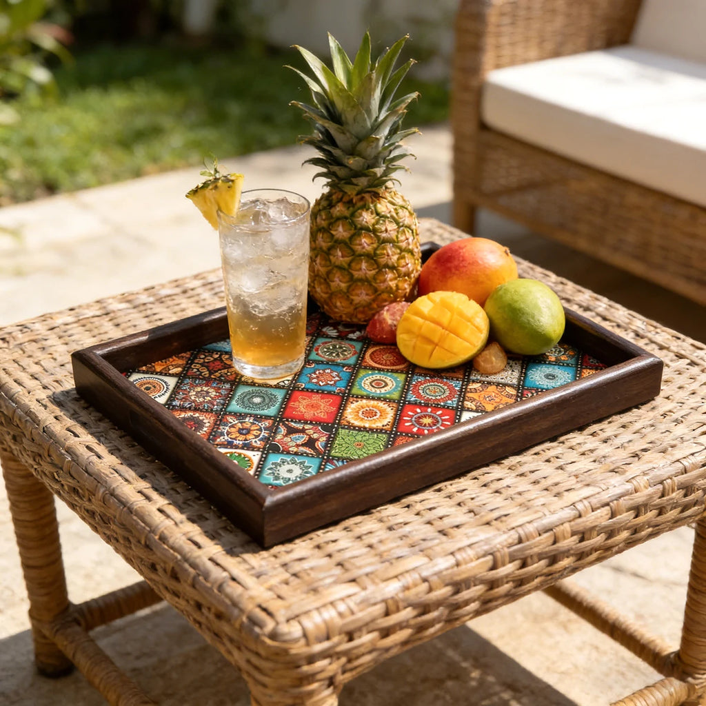 Casa Bella Decorative Wooden Tray- Boho Coffee Table tray