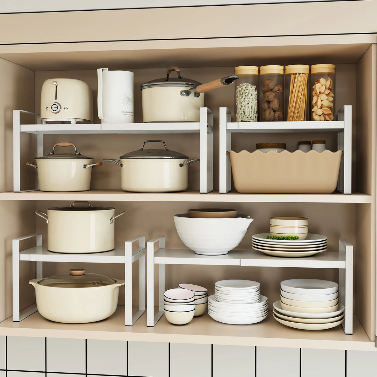 Expandable Kitchen Cabinet Organizer- Stackable Shelf Rack