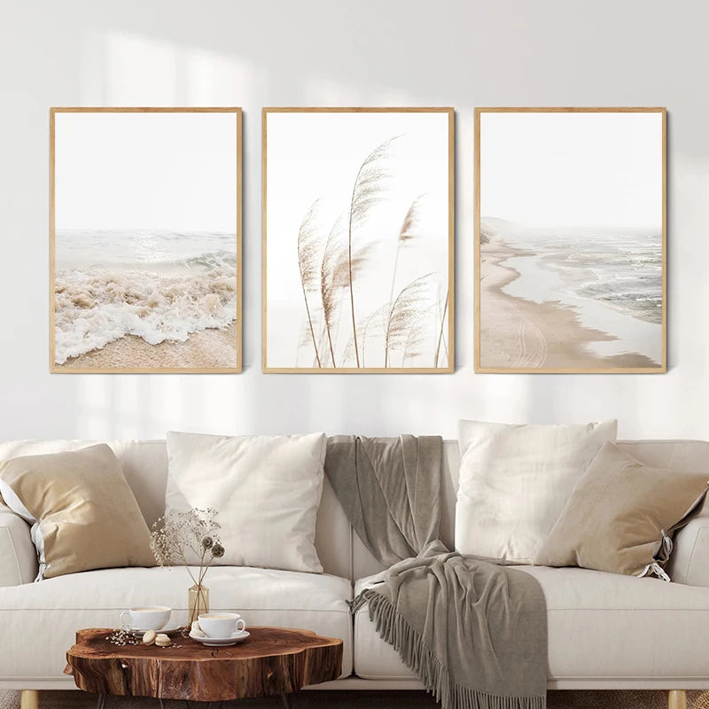 Boho Beach Pampas Grass Wall Art- Set of 3