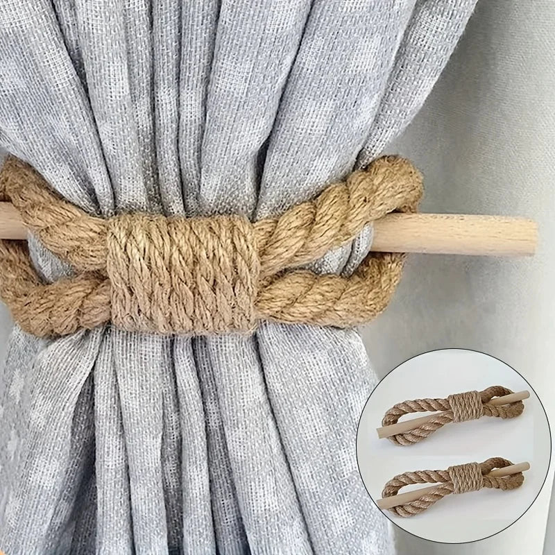 2 pcs Wooden Curtain Tiebacks- Boho Rope Holdbacks