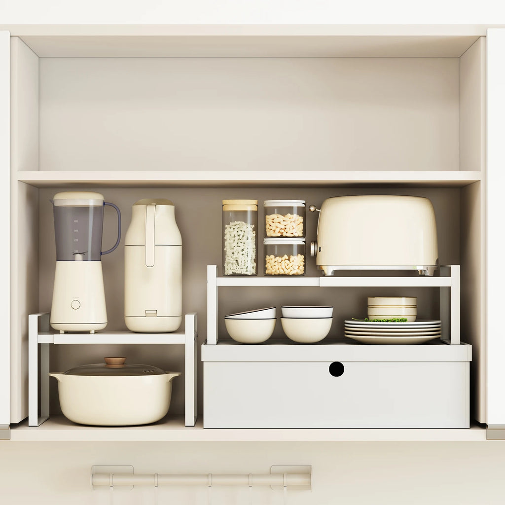 Expandable Kitchen Cabinet Organizer- Stackable Shelf Rack