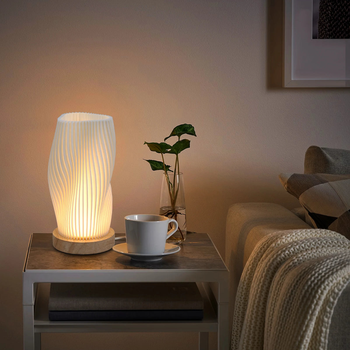 Boho Wood Bedside Table Lamp- Warm Light.