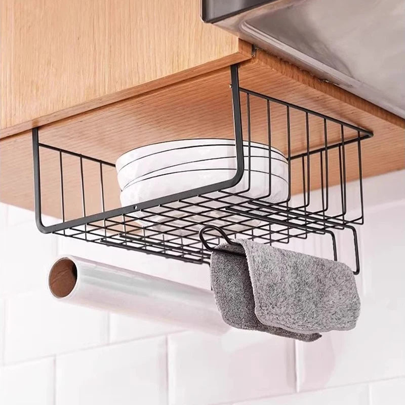 Under-Shelf Hanging Basket- No Drill Cabinet Organizer.