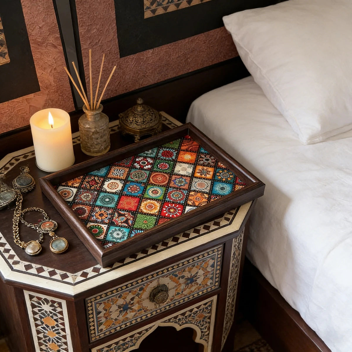 Casa Bella Decorative Wooden Tray- Boho Coffee Table tray